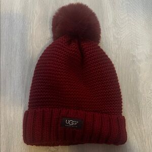 UGG Deep Red Knit Beanie with Pom